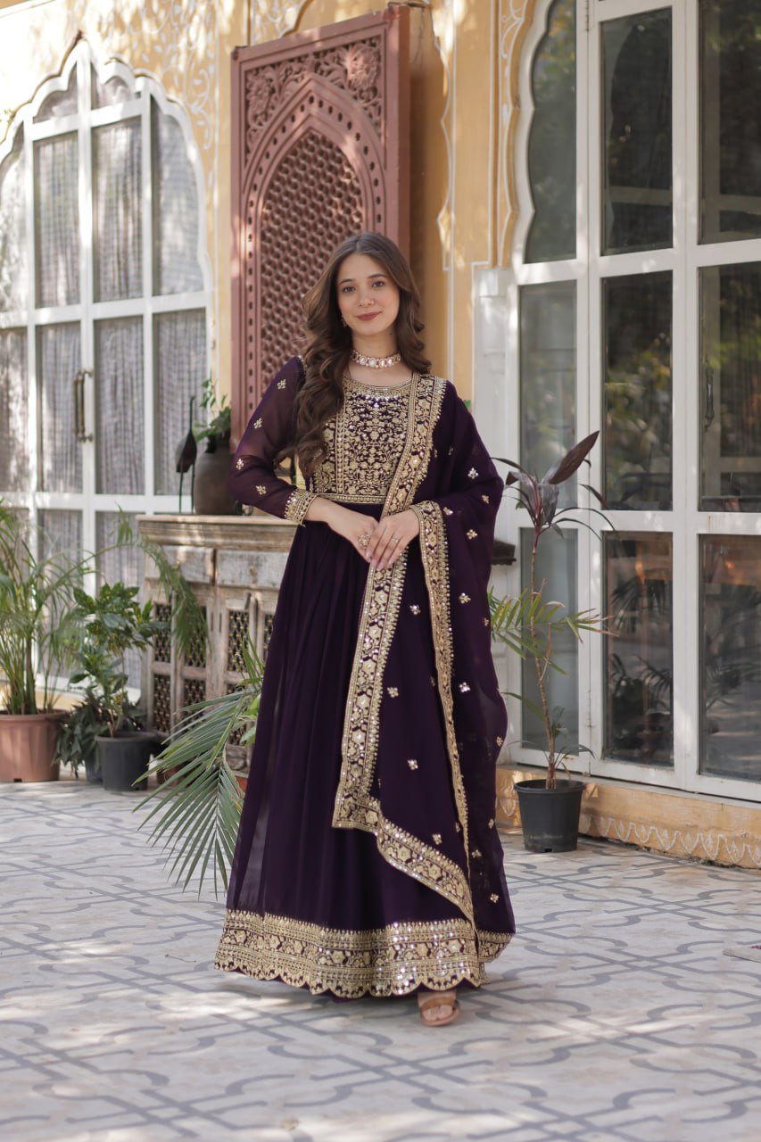 Women's Luxurious Plum Velvet Anarkali Gown with Heavy Gold Zari & Sequin Embroidery β Perfect for Weddings & Grand Festivities - Image 5