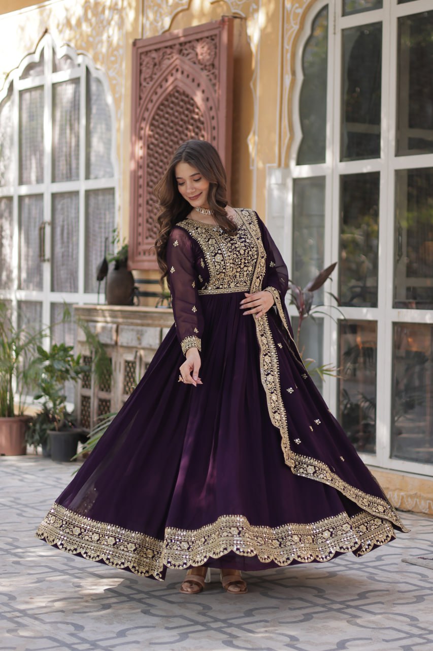 Women's Luxurious Plum Velvet Anarkali Gown with Heavy Gold Zari & Sequin Embroidery β Perfect for Weddings & Grand Festivities - Image 3