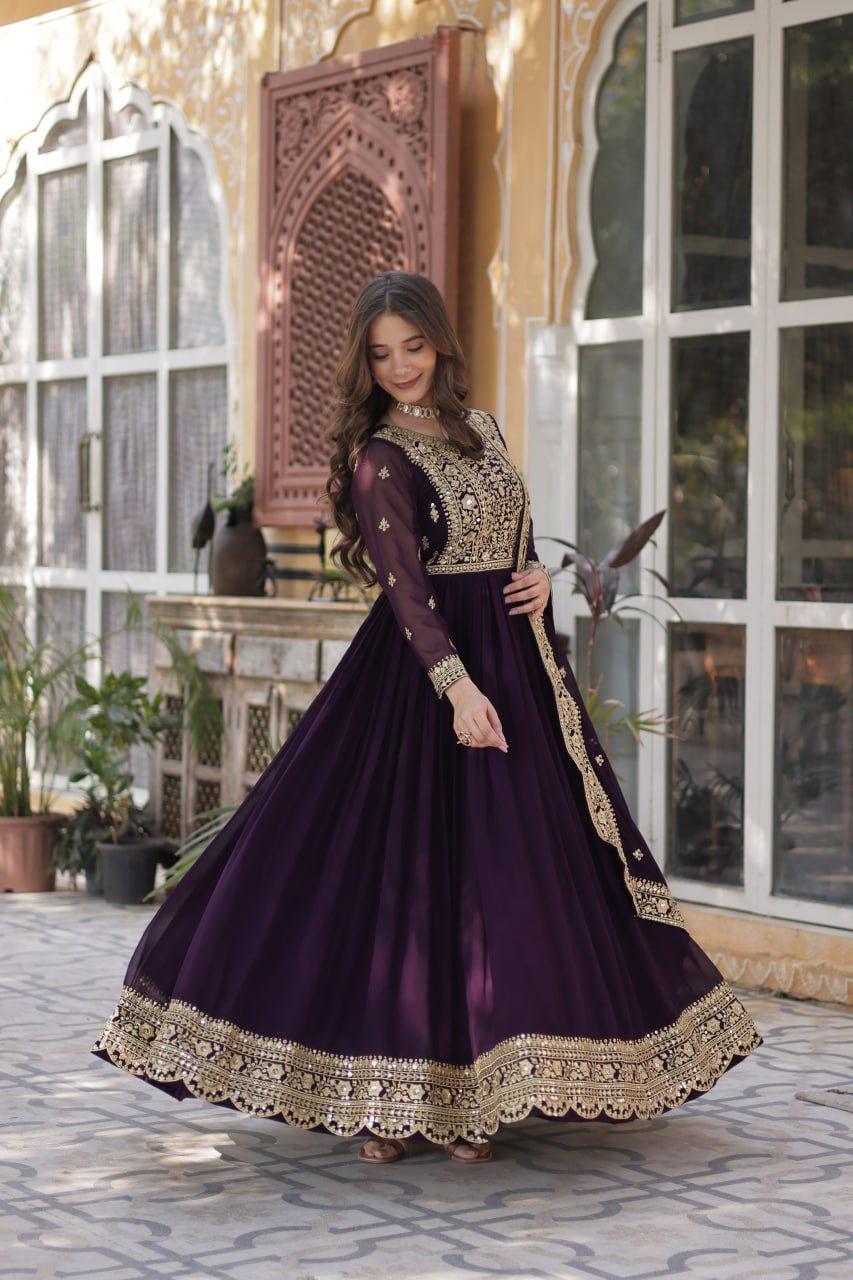 Women's Luxurious Plum Velvet Anarkali Gown with Heavy Gold Zari & Sequin Embroidery β Perfect for Weddings & Grand Festivities - Image 2